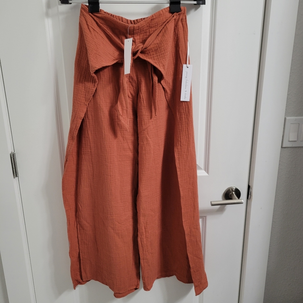 NWT Young Fabulous & Broke Abigail Rust Waist Tie Slit Wide Leg Pants Size XS